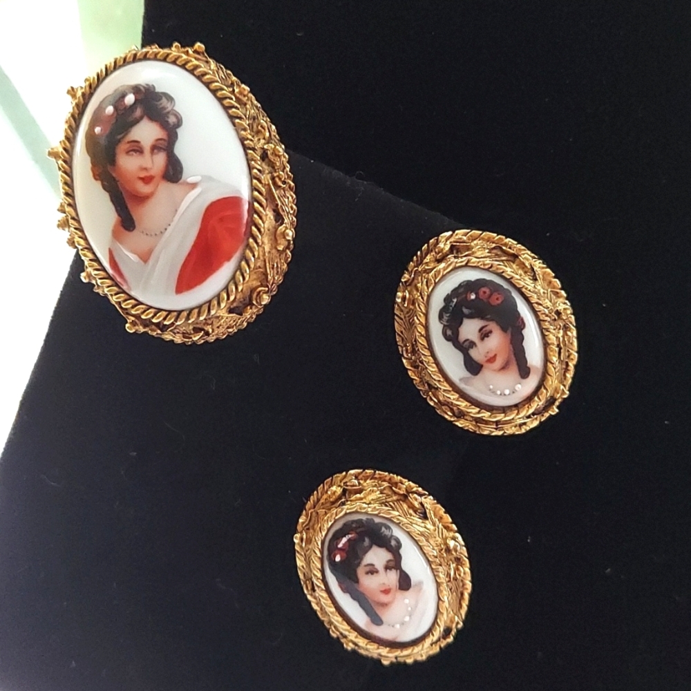 Limoges Brooch and Clip Earrings Set - Porcelain Hand-Painted with Enamel detail